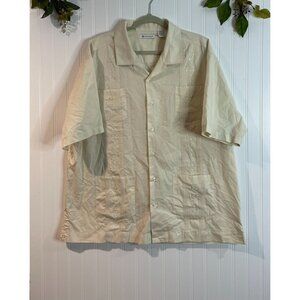 Cubavera Mens Beige Embroidered Guayabera Shirt XXL 65% Polyester/35% Cotton